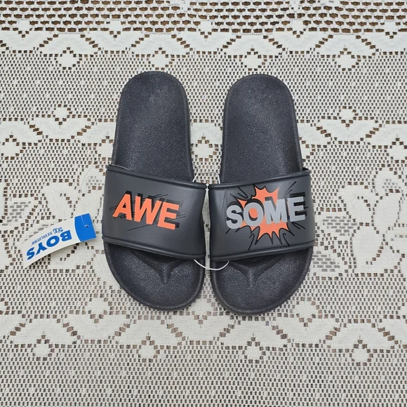 NWT Boy's Slides Sandals Dark Gray Size 2 Orange Awesome Word Slip On Shoes - Picture 6 of 6